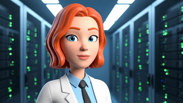 Cartoon Woman Smiling in a Server Room or Data Center at Night With Rows of Computer Servers