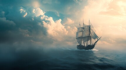 Fototapeta premium A majestic sailing ship cuts through the waves, navigating a misty sea under a dramatic sky.
