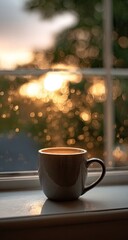 Fototapeta premium A light gray mug of coffee sits on a windowsill, bathed in the warm glow of a sunset seen through a window. Soft sunlight filters through raindrops, creating a bokeh effect out of focus