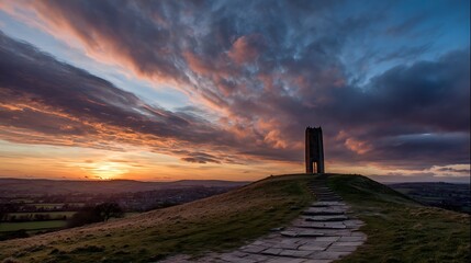 sunset at glastonbury tor.