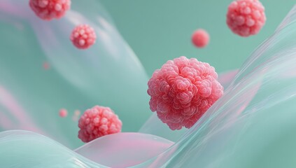 Abstract, 3D rendering of  pink, textured spheres in a flowing, mint-green background