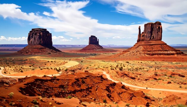 Red rock formations and a winding road in a vast desert landscape - Powered by Adobe
