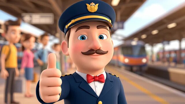 Train Station Conductor Giving a Thumbs up on the Platform With a Train Arriving in the Background