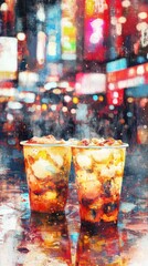 Two drinks in cups, vibrant city lights blurred background