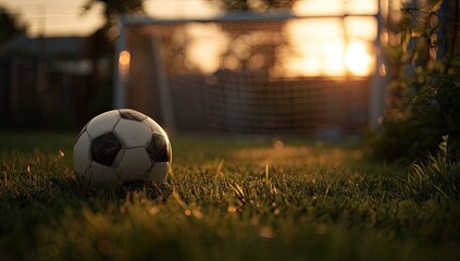 Soccer ball on a grassy field at sunset. A soccer ball sits on a patch of grass in front of a soccer goal. Golden sunlight bathes the scene, creating a warm glow