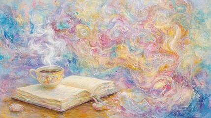 Open book with coffee cup, ethereal background