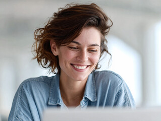 Happy woman working. Closeup portrait of a young adult, casually dressed, smiling while looking down, reflecting focus and success. Represents modern work, lifestyle.