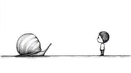 Child and large snail facing each other. Simple black and white illustration