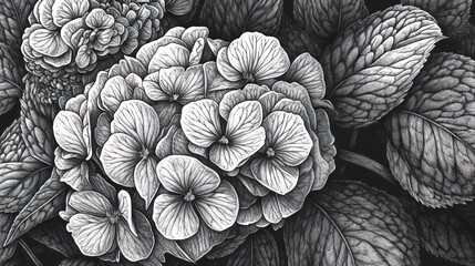 Detailed grayscale illustration of hydrangea blossoms and leaves