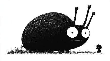 Large, dark creature, small figure, ink drawing