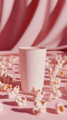 Empty white disposable cup surrounded by popcorn on a pink surface