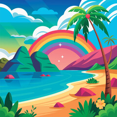 Obraz premium Colorful beach scene with rainbow.