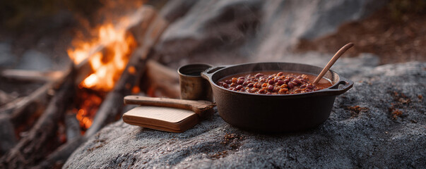 Rustic outdoor cooking scene featuring a steaming pot of beans, a journal, and a campfire. Evokes feelings of adventure, simplicity, and warmth. Ideal for travel, food, or lifestyle content.