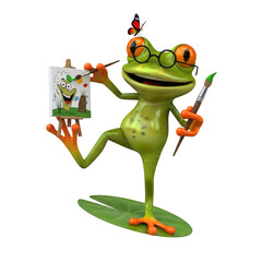 Whimsical frog artist crafting a joyful self-portrait with butterfly muse