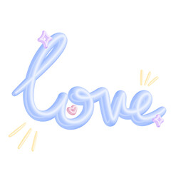 Playful 3D calligraphy of the word love in a light blue color, decorated with stars and a heart to symbolize romantic feelings and affection