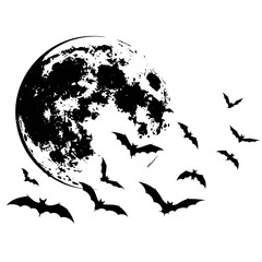 Vector art of silhouette of bats flying around a full moon halloween themed illustration with spooky atmosphere