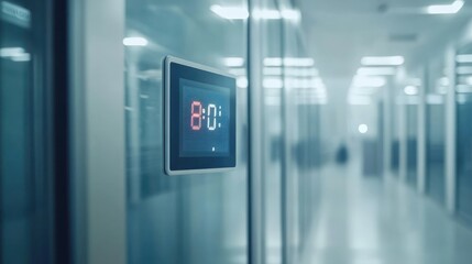Digital clock on a wall of a modern, glass-walled office corridor