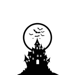 Vector art of silhouette of a haunted house with bats flying in front of a full moon, , creating a halloween night scene