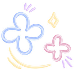 A whimsical collection of cute, shiny decorative elements featuring glossy pastel flowers and sparkles, perfect for playful designs