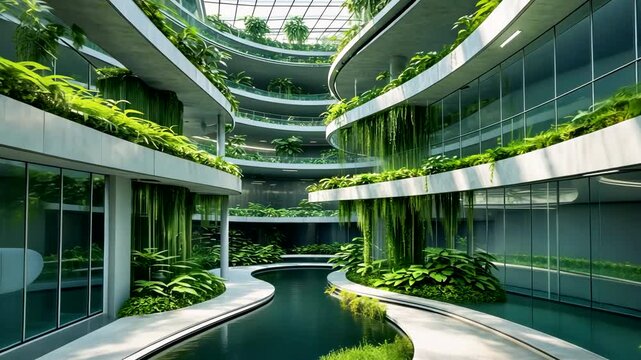 Futuristic eco friendly atrium building interior with lush greenery plants and natural light modern architectural design