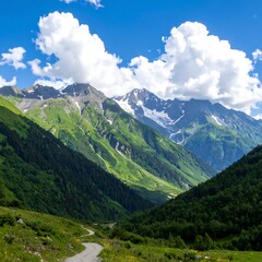 Fototapeta premium Mountain valley, lush greenery, bright sky