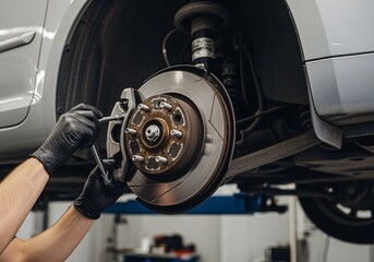 Fototapeta premium Brake Repair in Auto Shop Environment with Close-up View of Tools and Parts