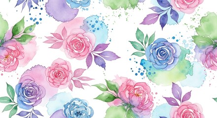 Watercolor Floral Pattern with Roses and Leaves.