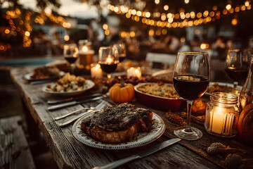 Romantic Autumn Dinner Setting with Wine Glasses and Candlelight Decor for Thanksgiving Celebration