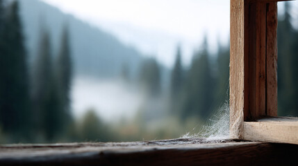 Rustic wooden window frame with delicate cobwebs overlooking a misty mountain forest. Evokes peace, nature, and solitude. Ideal for travel, home, or contemplative themes.