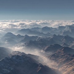 High-altitude view of a mountain range shrouded in clouds.  Misty peaks and valleys stretch across the image, with layers of clouds below and above.  A sense of vastness and grandeur is conveyed