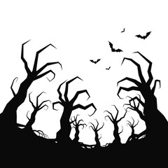 Vector art of spooky forest silhouette with creepy trees and bats flying around, creating a haunting halloween atmosphere