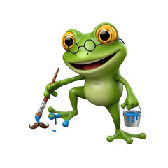 Humorous frog artist with paintbrush and spectacles, adding mustache paint