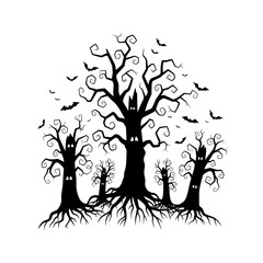 Vector art of haunted forest silhouette featuring spooky trees with eyes and bats, creating a chilling halloween scene
