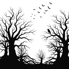 Vector art of silhouette of spooky trees with bare branches and bats flying overhead