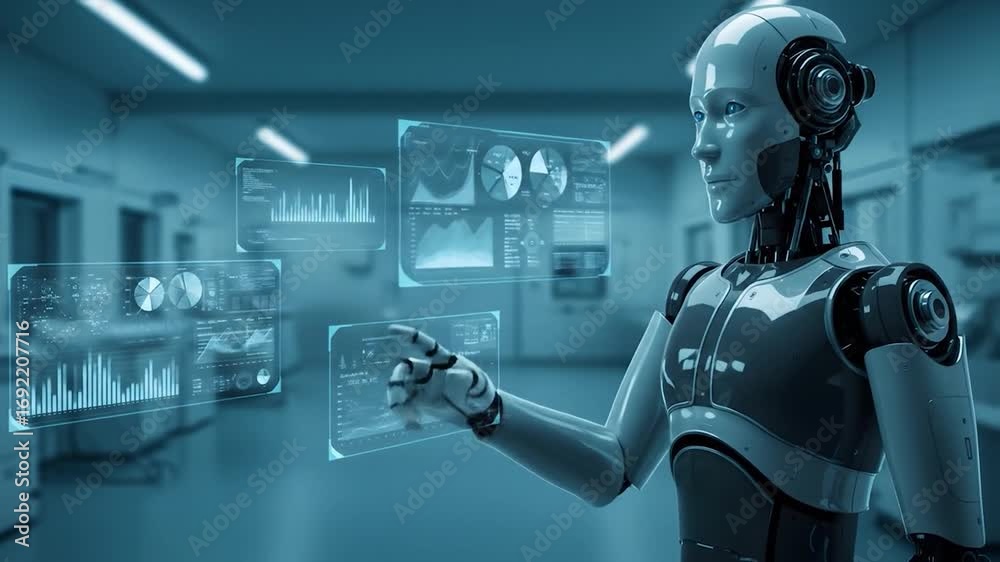 Wall mural robot using futuristic interface in lab. tech displays. use ai, data analysis, health, science