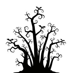 Vector art of silhouette of a spooky forest with bare trees and bats flying above