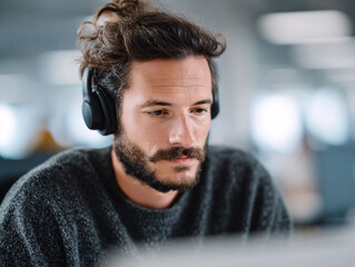 Focused man with headphones, working or learning. Represents concentration, remote work, or online education. Modern aesthetic, use for tech, business, or lifestyle themes.