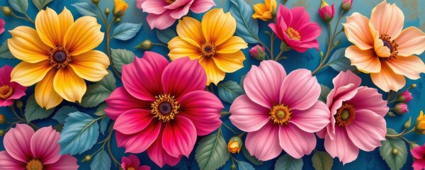 The image features a vibrant and colorful floral pattern with a variety of large blossoms in shades of pink, yellow, and orange