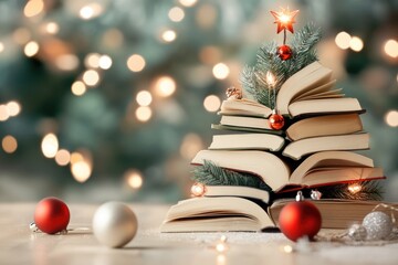 Creative christmas tree made of books with festive lights