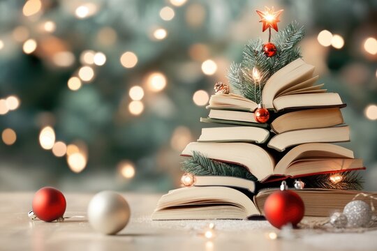 Creative christmas tree made of books with festive lights