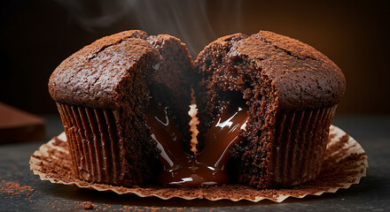 Steaming hot chocolate lava muffin with a gooey molten center