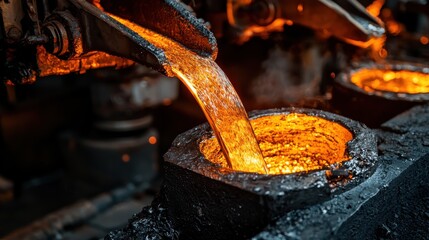 Molten metal pouring into molds in a high-temperature industrial setting.