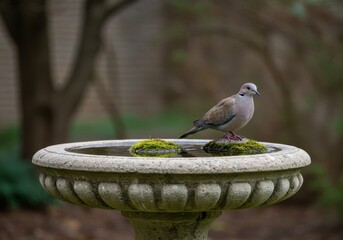 Serene Dove Perched on Stone Fountain Surrounded by Gentle Greenery in Tranquil Garden Setting