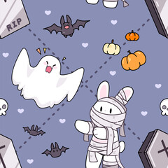 Cute seamless pattern with Halloween theme decorated with ghosts, zombies, bats, coffins and pumpkins.