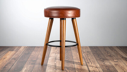 Elegant Bar Stool: A stylish bar stool with a rich brown leather seat and sleek wooden legs, set against a neutral background. Its modern design and clean lines suggest comfort and sophistication.