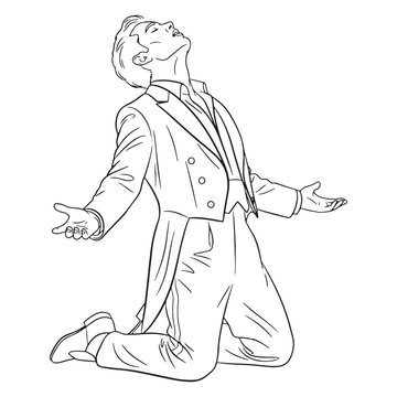 man kneeling, arms outstretched, black and white clip art preview