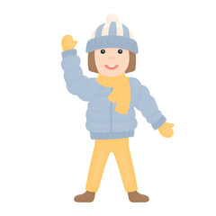 Girl in winter in warm clothes waving her hand. Child in blue jacket.