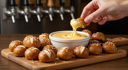 A hand dipping pretzel bites into a bowl of cheese sauce on a wooden board with beer taps behind