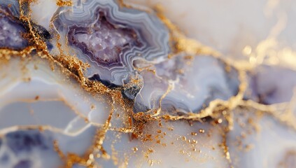Naklejka premium Close-up view of an abstract marble design with flowing veins of lavender, gold, and cream