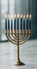 Fototapeta premium Gold Hanukkah menorah with blue candles